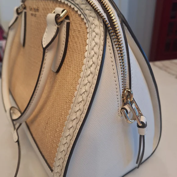 NWOT Kate Spade Reiley Large Dome Satchel. Straw & White Leather w/ Crossbody - Picture 5 of 7